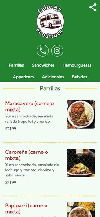 Calle 87 Foodtruck menu displaying parrillas like Maracayena and Caroreña.