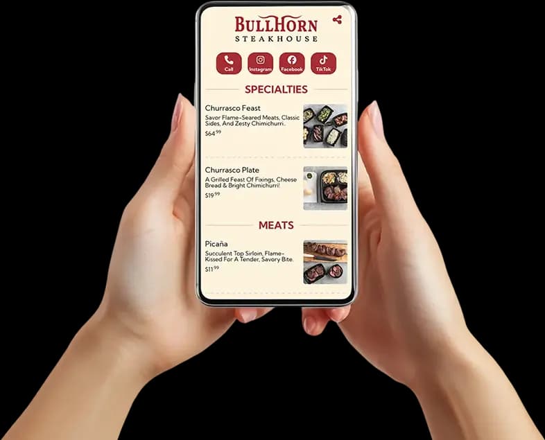 Customer viewing a digital restaurant menu on mobile phone at a dining table using menus.eco service.