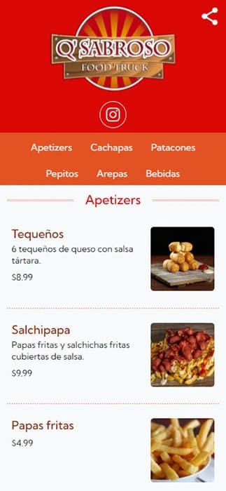 Que Sabroso Foodtruck menu showing appetizers like Tequeños and Salchipapa.