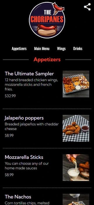 The Choripanes menu showcasing appetizers like The Ultimate Sampler and Jalapeño poppers.