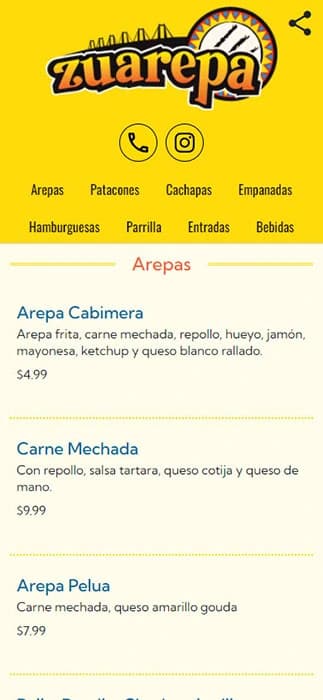 Zuarepa Foodtruck menu featuring arepas like Arepa Cabimera and Carne Mechada.